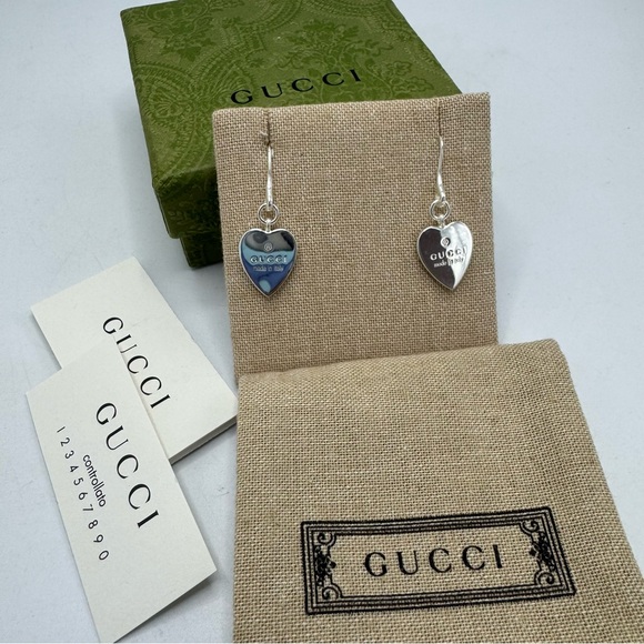 GUCCI TRADEMARK HEART 925 ST SILVER DROP EARRINGS - Picture 1 of 7